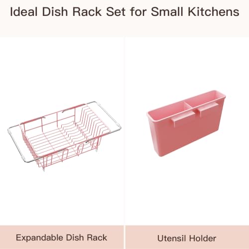 Pink Expandable Dish Drying Rack Over Sink with Anti (Pink / For 11.5"-16" W Sink with Cup Holder)