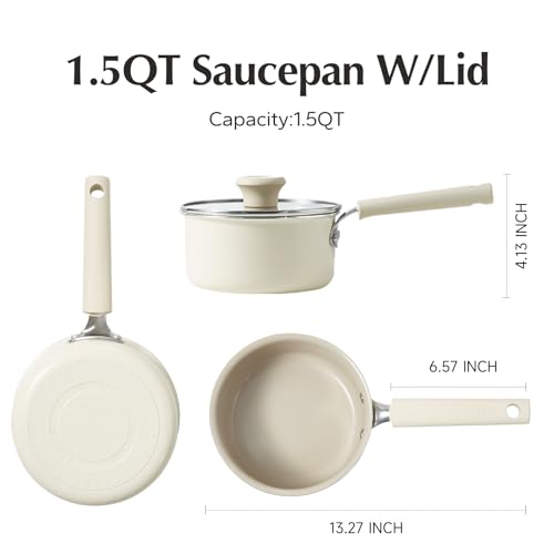 Ceramic Nonstick Saucepan with Lid (1.5 Quarts / Cream)