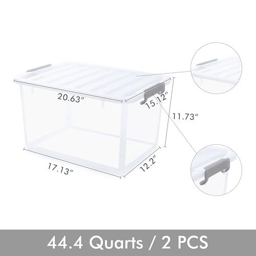 Citylife 44.4 QT Plastic Storage Bins with Latching Lids Stackable Storage Containers for Organizing Large Clear Storage Box for Garage (Clear White / 2 PCS-44.4 QT)