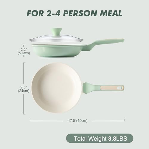 9.5In Nonstick Ceramic Frying Pan with Lid (Mint Green / 9.5 Inch)