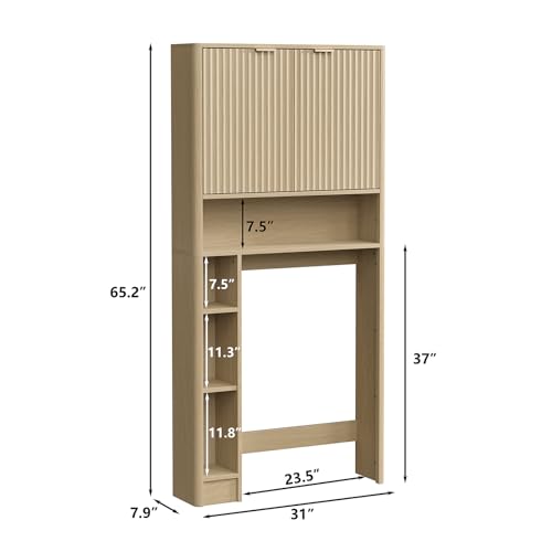 31''W Over Toilet Storage Cabinet Modern Above Toilet Shelf Cabinet with Fluted Doors & Toilet Paper Storage Holder for Bathroom (Natural Oak / Fluted Doors Over Toilet Cabinet)