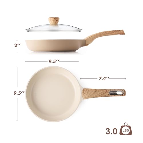 9.5inch Ceramic Nonstick Frying Pan Paella Pan with Lid (9.5 Inch / TAFFEE Taupe)