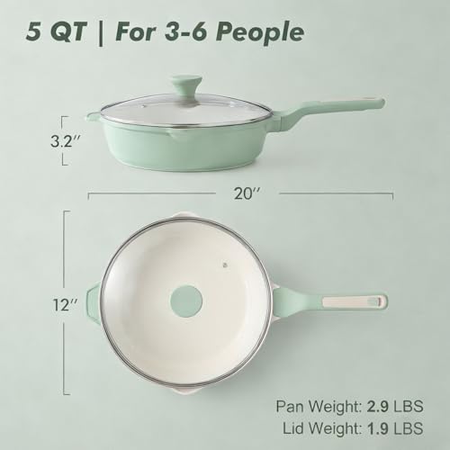 Nonstick Ceramic Skillet with Lid 12 (Mint Green / 12-inch/5QT)