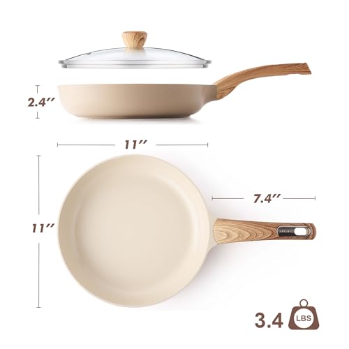 11inch Ceramic Nonstick Frying Pan Paella Pan with Lid (11 Inch / TAFFEE Taupe)