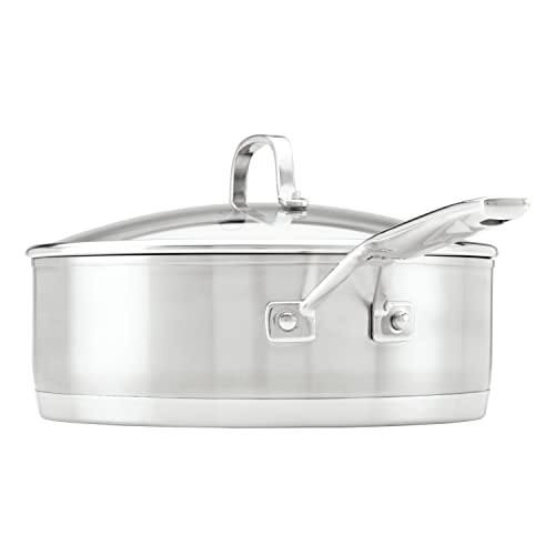 71027 3 Ply Base Brushed Stainless Steel Deep Saute Pan with Helper Handle and Lid (Brushed Stainless Steel / 4.5 Quart)