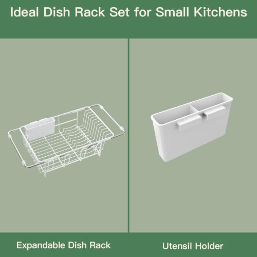 White Expandable Dish Drying Rack Over Sink with Anti (White / For 11.5"-16" W Sink with Cup Holder)
