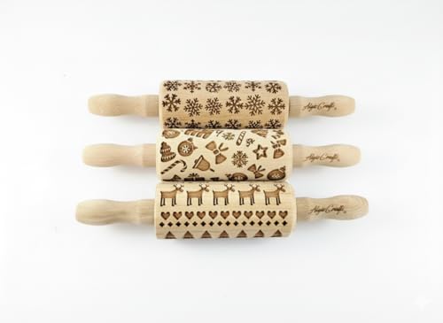 CHRISTMAS 3 Mini Embossed Rolling Pin Set Wooden Laser Engraved Textured rolling pins with Snowflakes