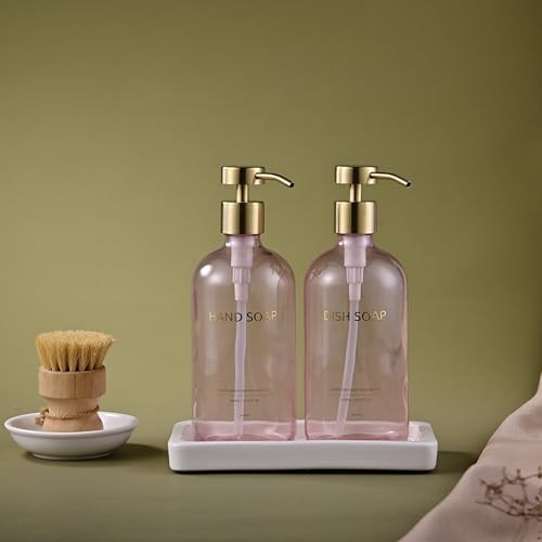Glass Kitchen Soap Dispenser Set with Ceramic Tray (Pink Bottles + Gold Pumps)