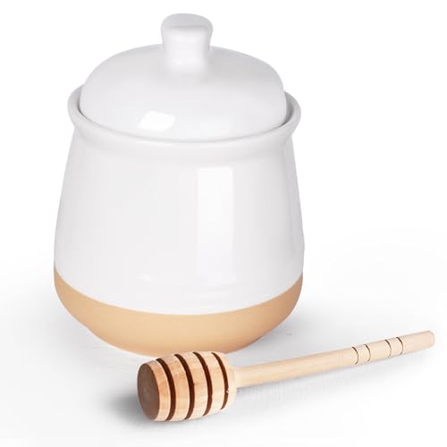 Honey jar with Lid and Wooden Dipper (White)