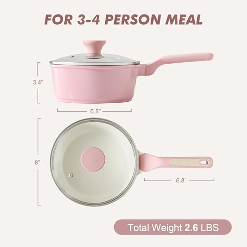 2.5 QT Ceramic Nonstick Saucepan with Lid (Sakura Pink / 2.5 Quarts)
