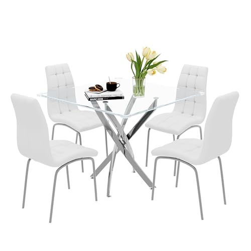 5 Piece Square Glass Dining Table Set (Silver Square Table/White Pu Chairs / 5 Pieces)