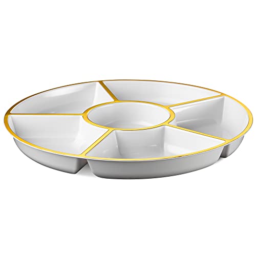 6 Sectional Round Plastic Serving Tray (White & Gold)