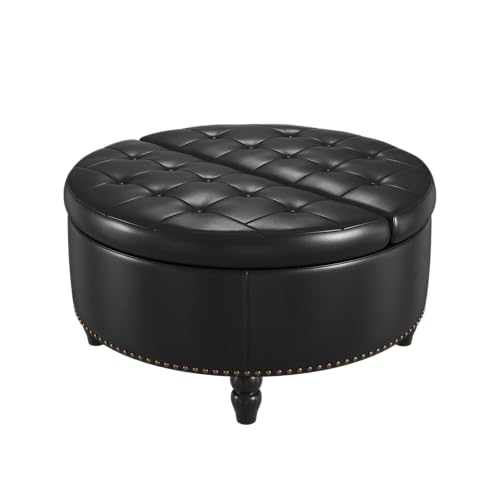 31.5 Inch Large Round Ottoman with Storage Circular (Black)