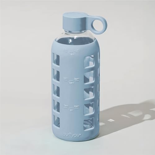 40oz / 32oz / 22oz / 12oz Borosilicate Glass Water Bottle with Time & Volume Markers, Silicone Sleeve, Stainless Steel Lid | Reusable Glass Bottle for Water & Juice (22oz Ice Blue) (Ice Blue (1 Count) / 22 Ounces)