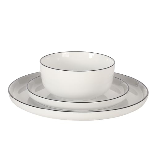 Oslo 12 Piece Porcelain Dinnerware Set (White w/ Black Rim (Oslo) / 12pc Dinnerware Set (Service for 4))