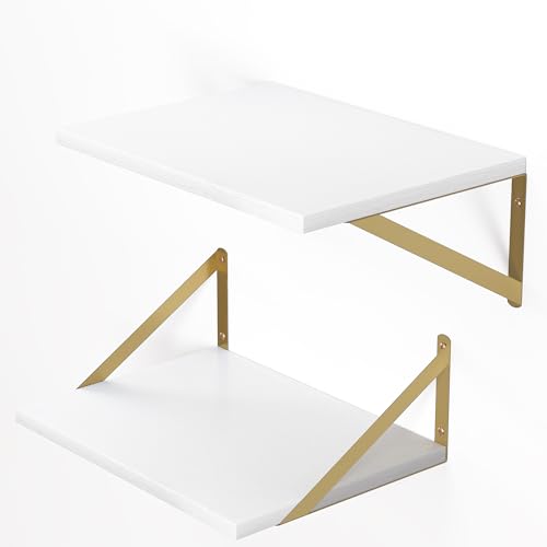 16W x 12D Deep Floating Shelves Set of 2 White & Gold (White With Golden Bracket / 16wx12dx5.8h)
