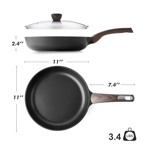 11inch Nonstick Frying Pan Paella Pan with Lid (11 Inch / NIGHT Black)