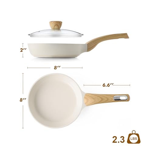 8inch Ceramic Nonstick Frying Pan Paella Pan with Lid (8 Inch / CREAM White)