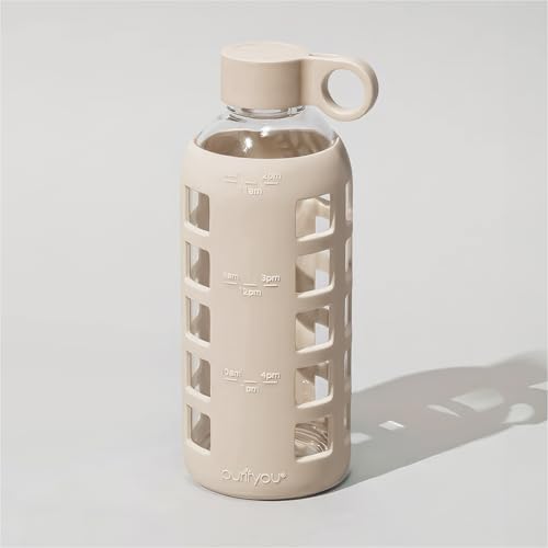 40oz / 32oz / 22oz / 12oz Borosilicate Glass Water Bottle with Time & Volume Markers, Silicone Sleeve, Stainless Steel Lid | Reusable Glass Bottle for Water & Juice (22oz Pearled Ivory) (Pearled Ivory (1 Count) / 22 Ounces)