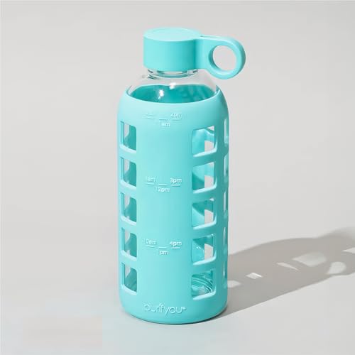 40oz / 32oz / 22oz / 12oz Borosilicate Glass Water Bottle with Time & Volume Markers, Silicone Sleeve, Stainless Steel Lid | Reusable Glass Bottle for Water & Juice (22oz Aqua Blue) (Aqua Blue (1 Count) / 22 Ounces)