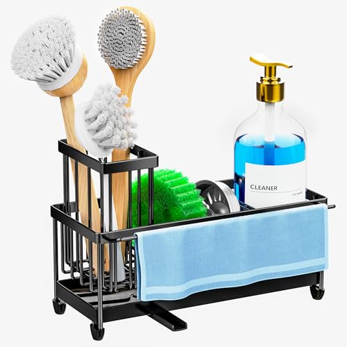 Sponge Holder for Kitchen Sink (Black With Towel Rack - 9.25″)