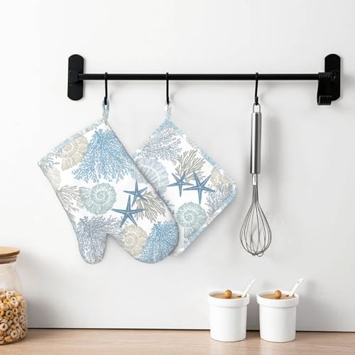 Nautical Coastal Oven Mitts and Pot Holders Sets Silicone Starfish Seashell Coral Beach Themed Kitchen Mitts Potholders Heat Resistant 4Pcs Ocean Oven Gloves Hot Pads for BBQ Grilling (Nautical Coastal)