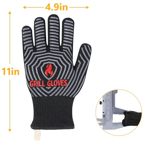 BBQ Gloves 1472°F Heat Resistant Grilling Gloves Silicone Non (Black / One Size Fits Most(Regular Cuff))