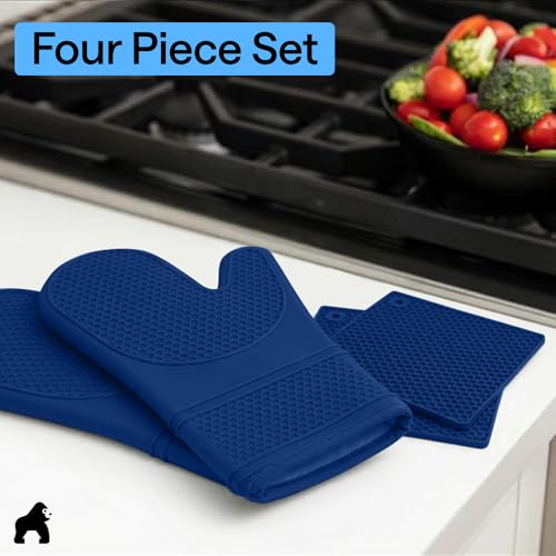 BPA Free Silicone Oven Mitts and Pot Holders Set (Blue / 12.5" Oven Mitts + 7" Trivets)
