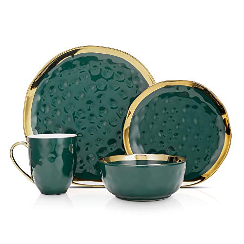 Florian Modern Porcelain 16 Piece Dinnerware Set (16-Pieces Service for 4 / Green with Gold Rim)