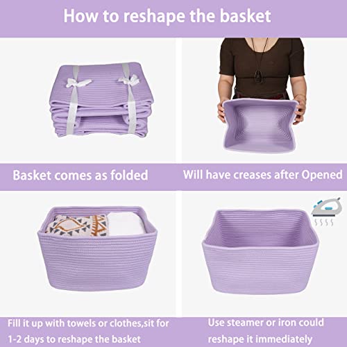Woven Cotton Rope Storage Baskets 15x10x9.3" 3 Pack Purple Lavender (purple)