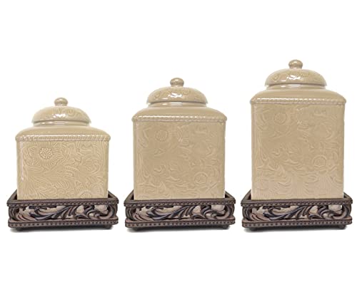 HiEnd Accents Savannah 3 Piece Ceramic Dinnerware Square Canister Set with Base (3 Piece Set / Cream)