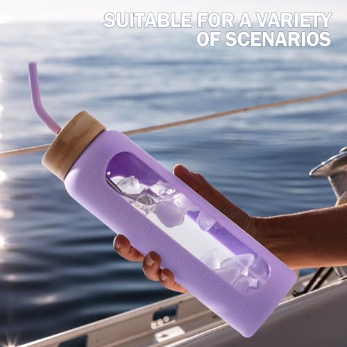 32oz Glass Water Bottle with Straw and 2 Lids (Purple / 32 Ounces)