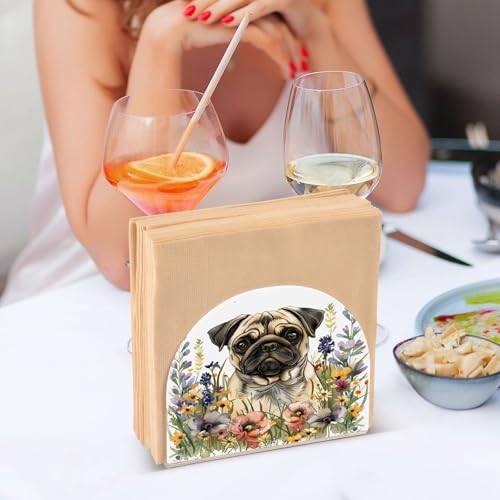 Pug Dog Wild Flowers Napkin Holder for Table Paper Napkins Holder Acrylic Tissue Dispenser Kitchen Dining Room Bathroom Party Car Decor (NH078 / 4.1x4.9x1.97in)