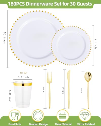 180Pcs White and Gold Dinnerware Set (White and Gold Plastic Dinnerware Set / 180PCS)