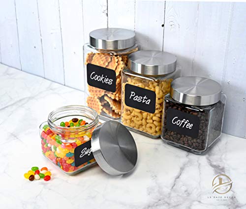 4pc Square Glass Cookie Jars with Airtight Lids + Marker & Labels