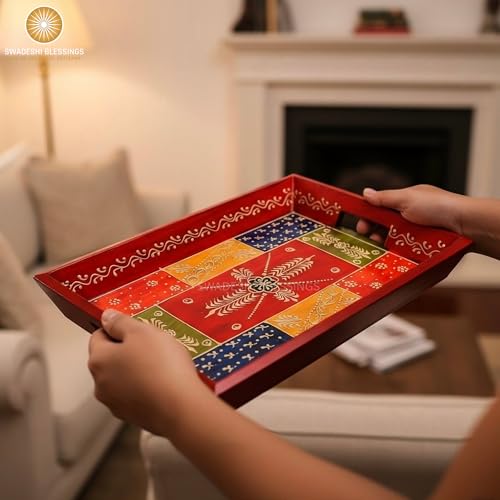 Hand Painted Wooden Serving Tray Set of 3 (Antique Red / Set of 3)
