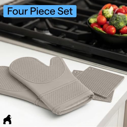 BPA Free Silicone Oven Mitts and Pot Holders Set (Almond / 12.5" Oven Mitts + 7" Trivets)