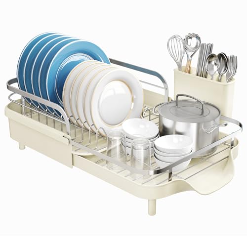 Expandable Dish Drying Rack for Kitchen Counter (Beige)