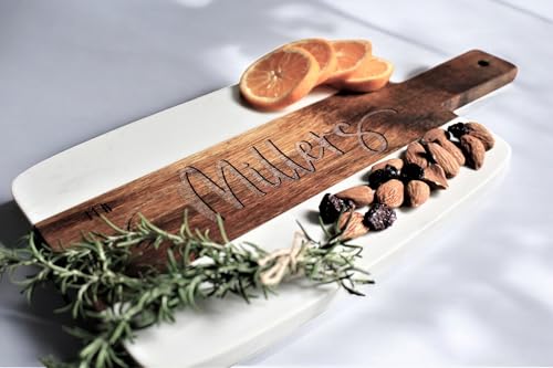 Personalized Marble and Acacia Wood Cutting Board Charcuterie Board for Christmas Anniversary Wedding Bridal Shower Engagement Housewarming Gift