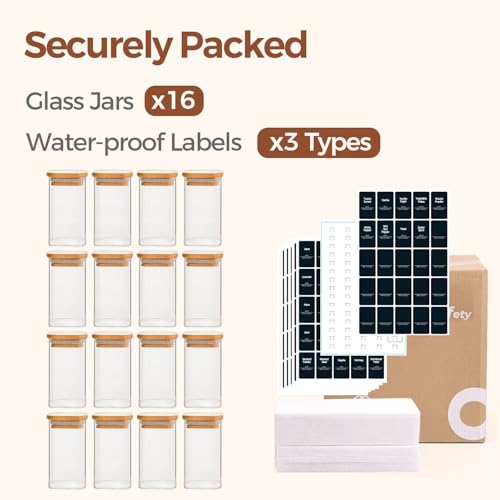 Square Glass Spice Jars with Labels 10 oz 16 Pack with Bamboo Lids (16 Count)