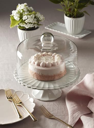 French Perle White Stoneware Cake Stand with Dome (Cake Plate / White)