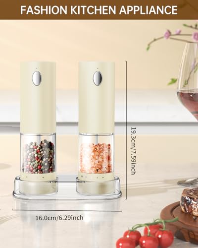 Electric Salt and Pepper Grinder Set Rechargeable Salt and Pepper Mills with Storage Base (Light Yellow)