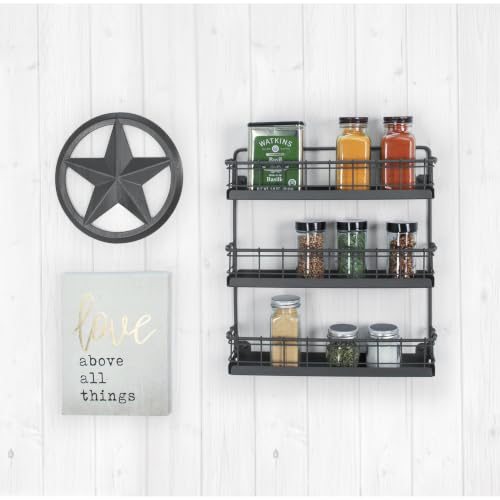 3 Tier Hanging Spice Rack for Wall Black Steel Kitchen Spice Organizer (Industrial Gray / Large 3-Tier / Vintage)