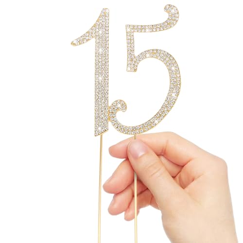 Gold 15th Birthday Cake Topper Rhinestones Cake Decorations for 15th Birthday Party (15th- Gold)