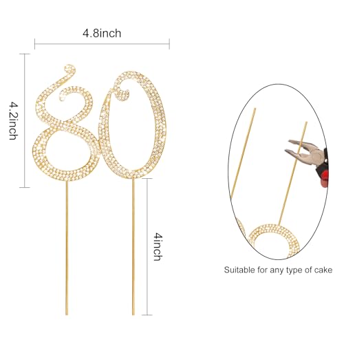 Cake Topper 80th Birthday Decorations for Women Gold Rhinestone Cake Toppers (80)