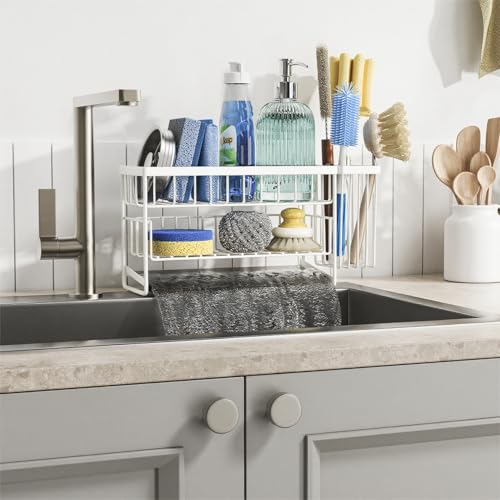 White 2 Tier Kitchen Sink Caddy Organzier Rack with Flexible Dish Brush Holder (White / Medium)