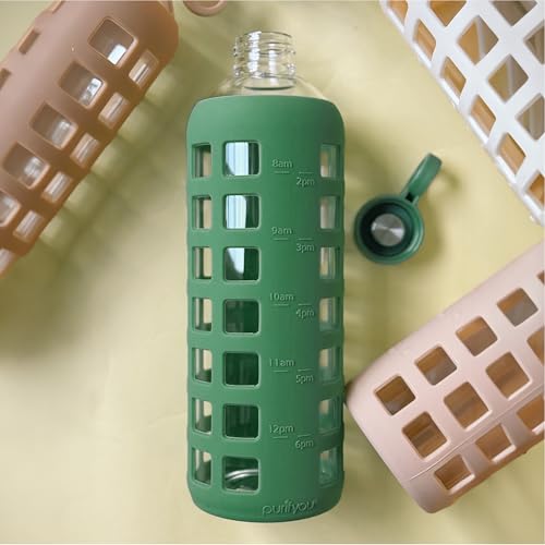 40oz / 32oz / 22oz / 12oz Borosilicate Glass Water Bottle with Time & Volume Markers, Silicone Sleeve, Stainless Steel Lid | Reusable Glass Bottle for Water & Juice (32oz Shale Green) (Shale Green (1 Count) / 32 Ounces)