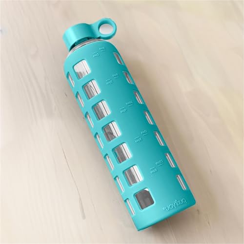 40oz / 32oz / 22oz / 12oz Borosilicate Glass Water Bottle with Time & Volume Markers, Silicone Sleeve, Stainless Steel Lid | Reusable Glass Bottle for Water & Juice (32oz Aqua Blue) (Aqua Blue (1 Count) / 32 Ounces)
