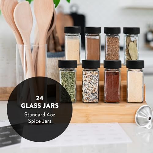 Glass Spice Jars with Label 24 PK (Square Spice Jars with Black Lids)