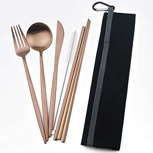 Portable 6 Pieces Flatware Set (Black Pouch / Rose Gold)